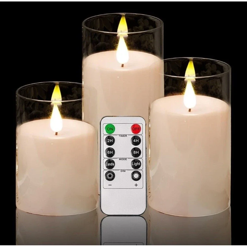 Set of 3 Acrylic Battery LED Flameless Flicker Candles Remote Timer Ivory Pillar